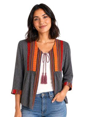 Bare Denim Embellished Grey Striped Tie Front Cotton Jacket